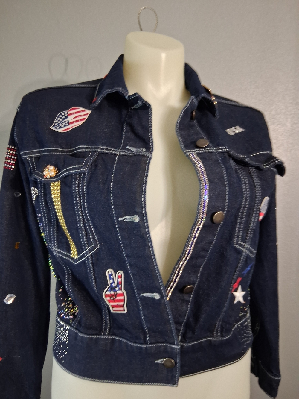 Embellished Dark Denim Jacket with Patriotic America